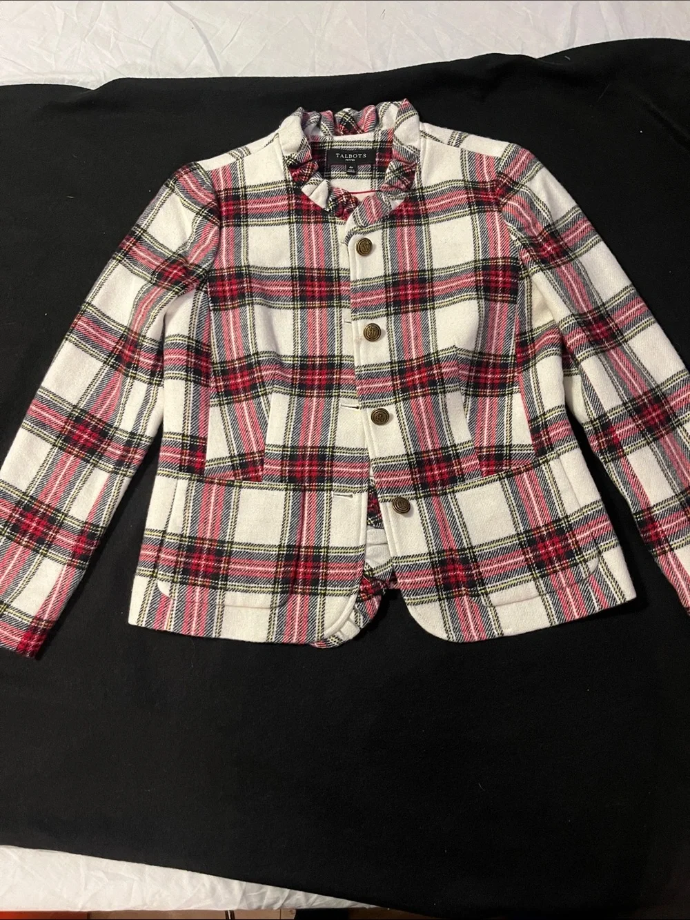 Talbots White Pink and Black Plaid Girls' Button-Front Blazer